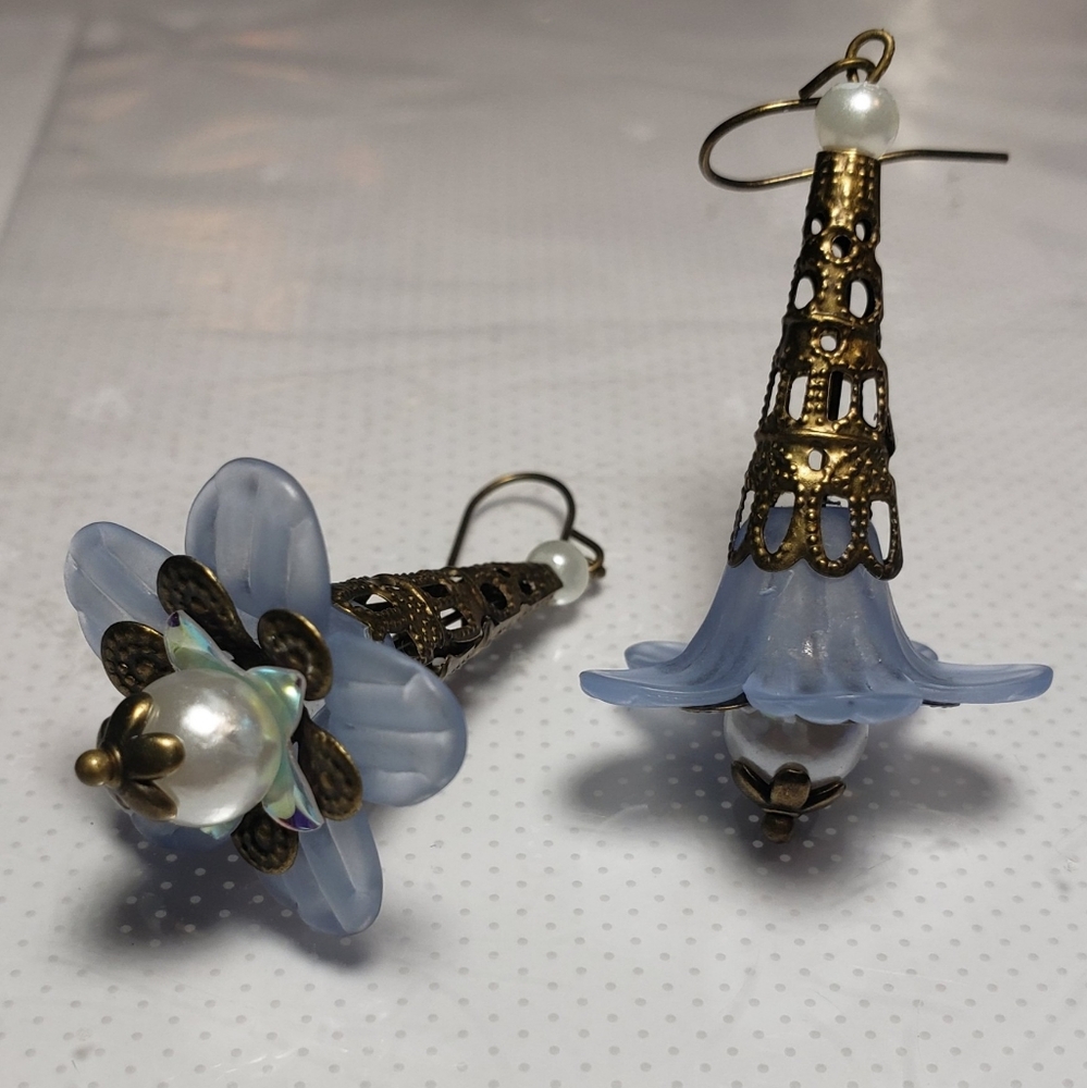 Handmade Pastel Blue Flower Drop Earrings w/Faux Pearls & Antique Brass Accents